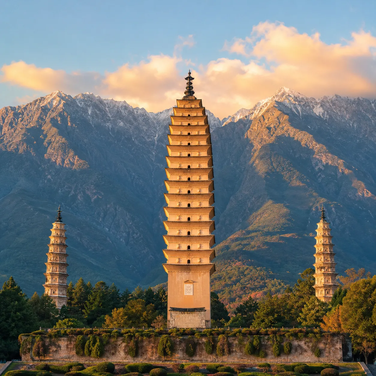 Three Pagodas of Dali, 9th-century brick towers against mountain backdrop