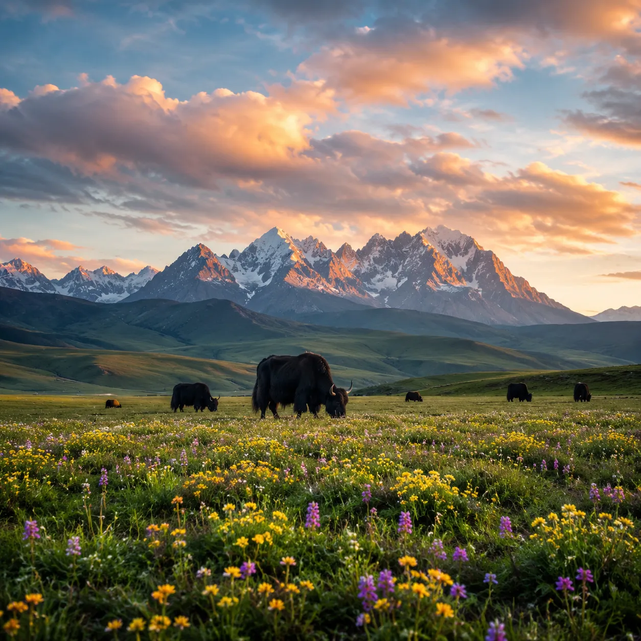 Napa Lake seasonal wetland with grazing yaks and mountain panorama, Shangri-La
