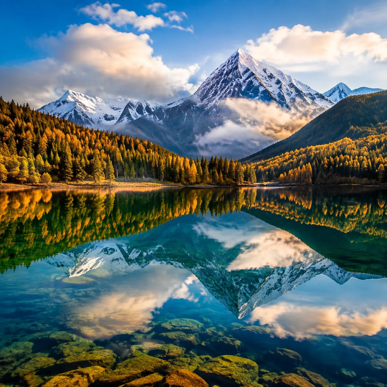 Shudu Lake mirror-like waters surrounded by fir forest, Pudacuo National Park