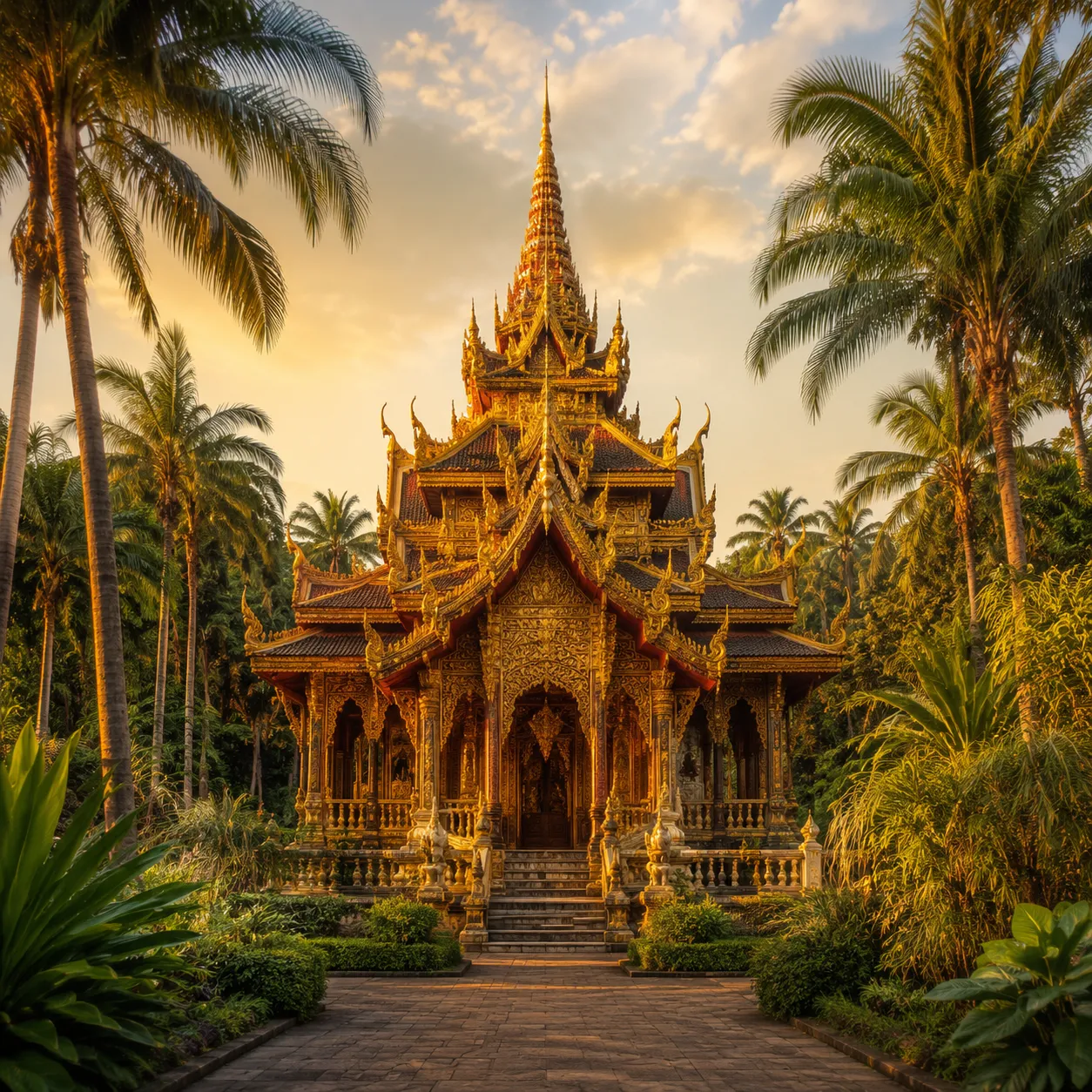 Golden Dai Buddhist temple with tropical palms in Xishuangbanna