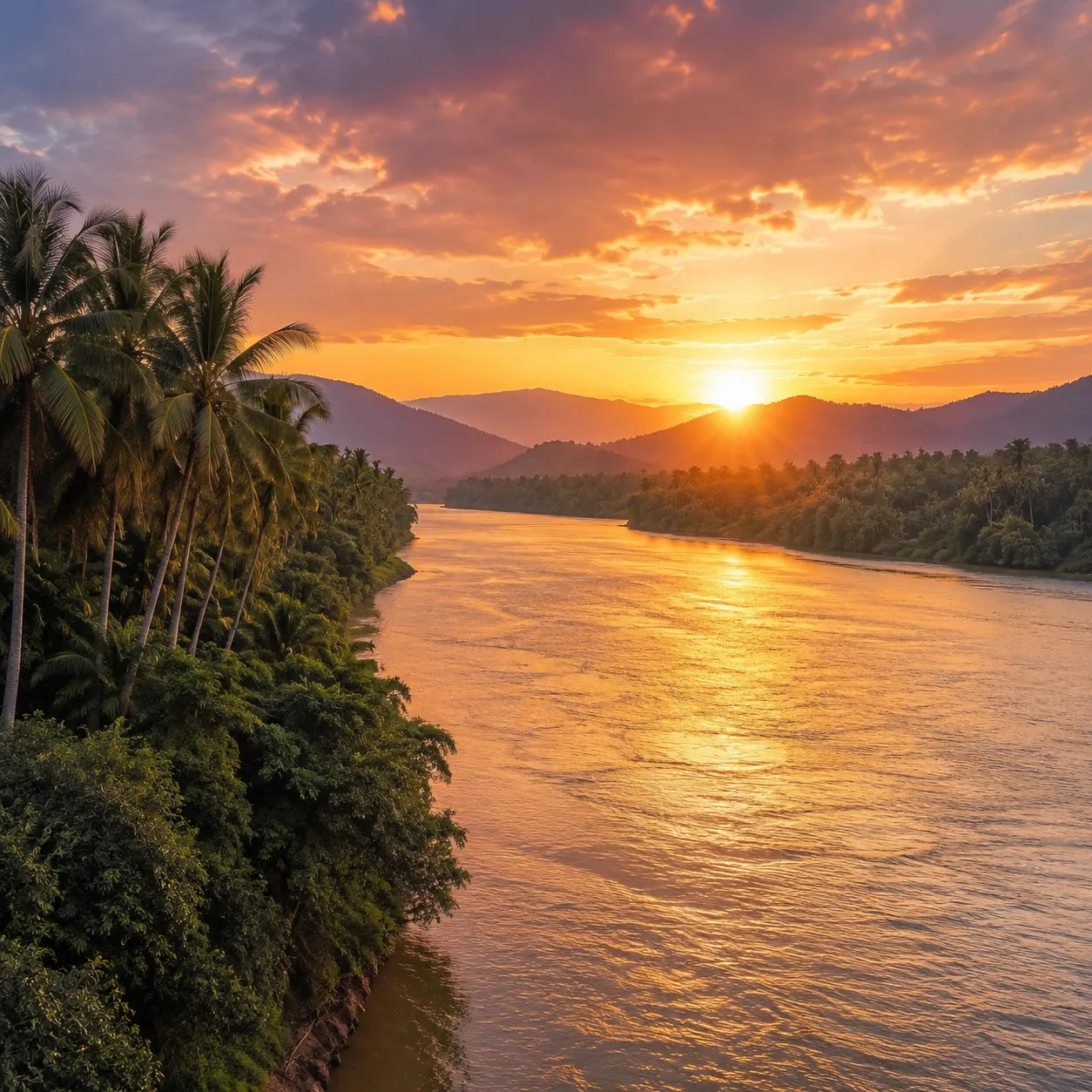 Mekong River night market with grilled fish stalls and lanterns, Jinghong