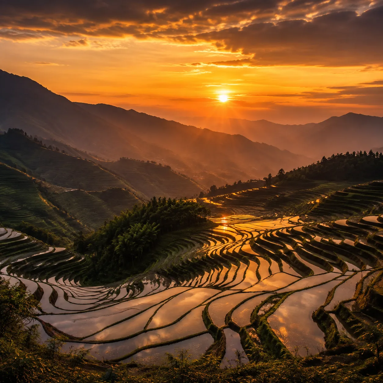 Laohuzui rice terraces at sunset with long shadows and abstract patterns