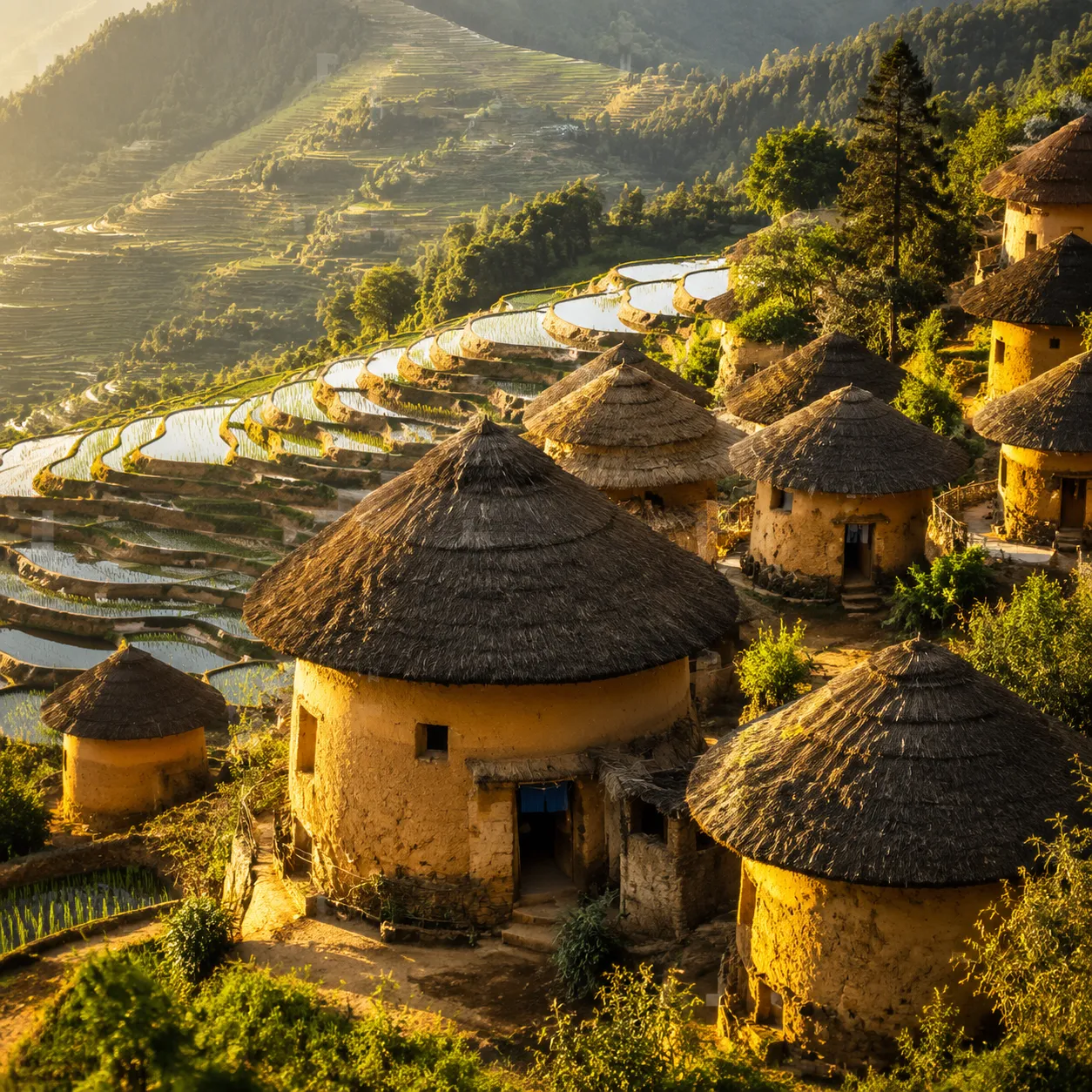 Qingkou Hani village with traditional mushroom-shaped houses among terraces